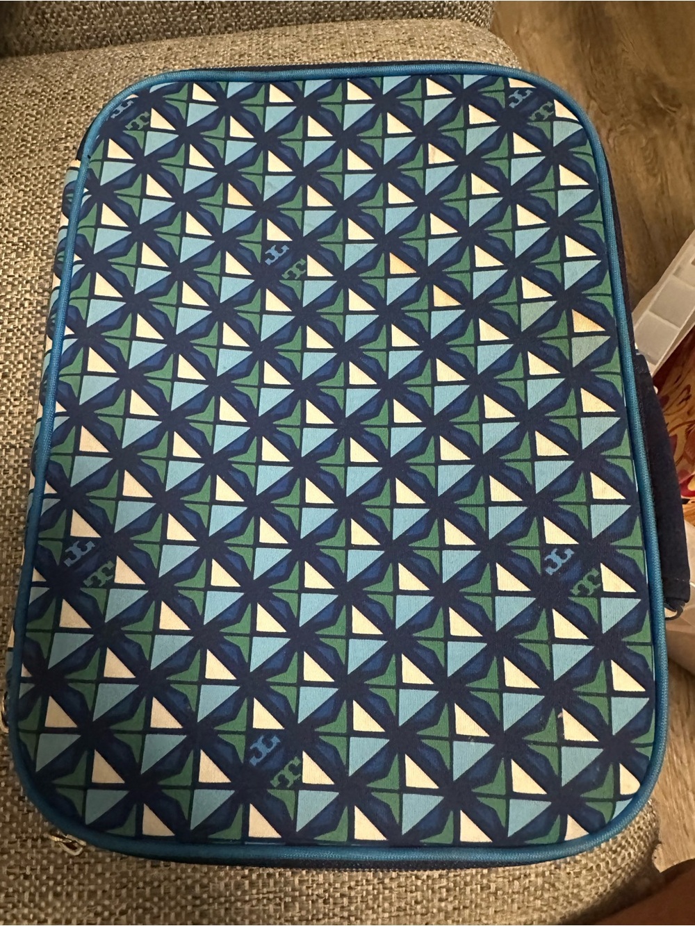 Tory Burch Blue and Teal Geometric Cosmetic Pouch